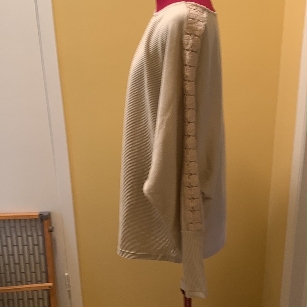 NORACORA Beige Ribbed Knit Batwing Sweater Lace Sleeve Detail Deep Cuff Boatneck - Picture 5 of 15
